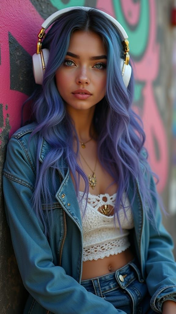 Hyperrealistic Boho Woman Against Graffiti Wall in Chic Urba...