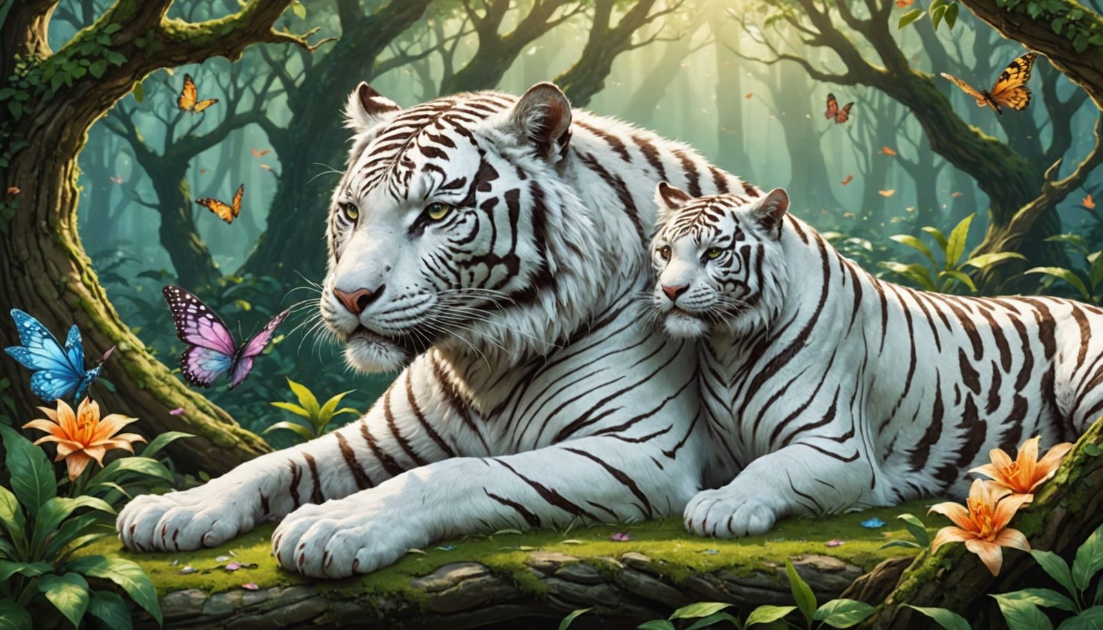 White Tiger and Dragon Friends Under Trees with Fairy