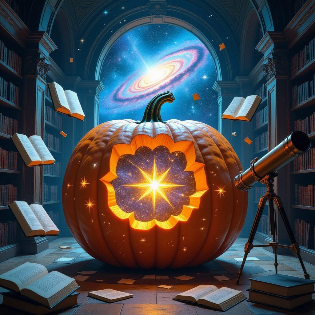 Cosmic Pumpkin in Ancient Library