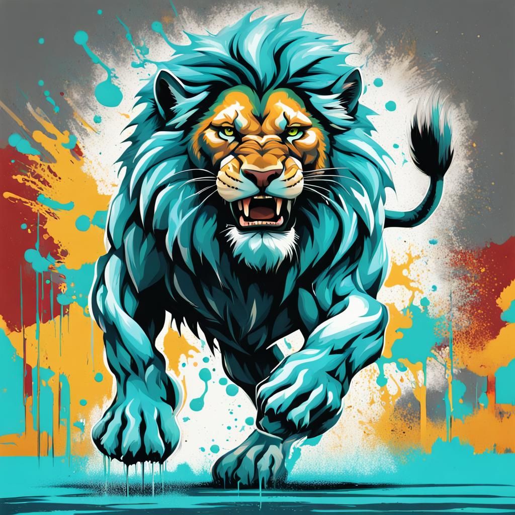 Ferocious Lion Graffiti Art in Turquoise and Silver