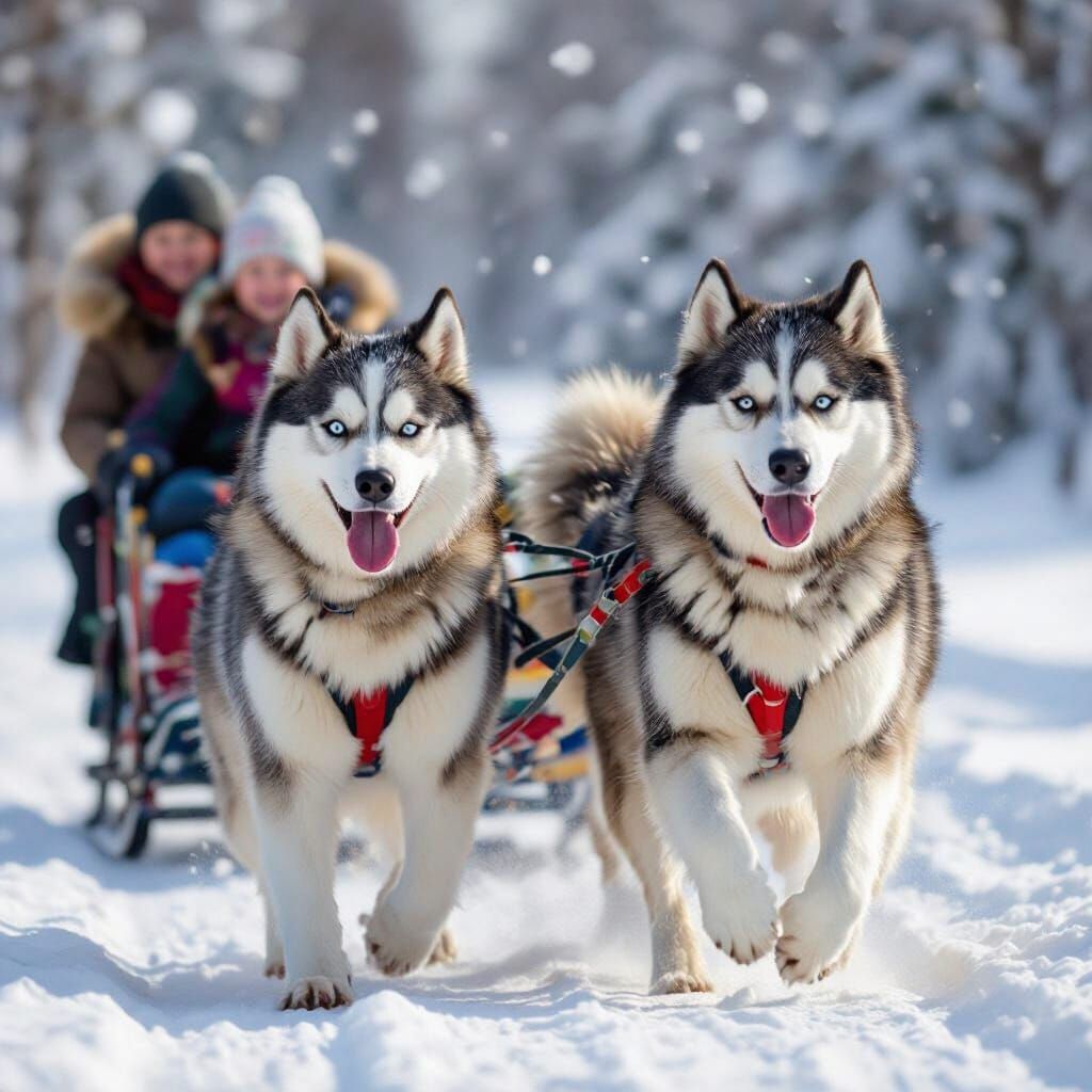 Winter Sleigh Ride with Happy Children and Huskies