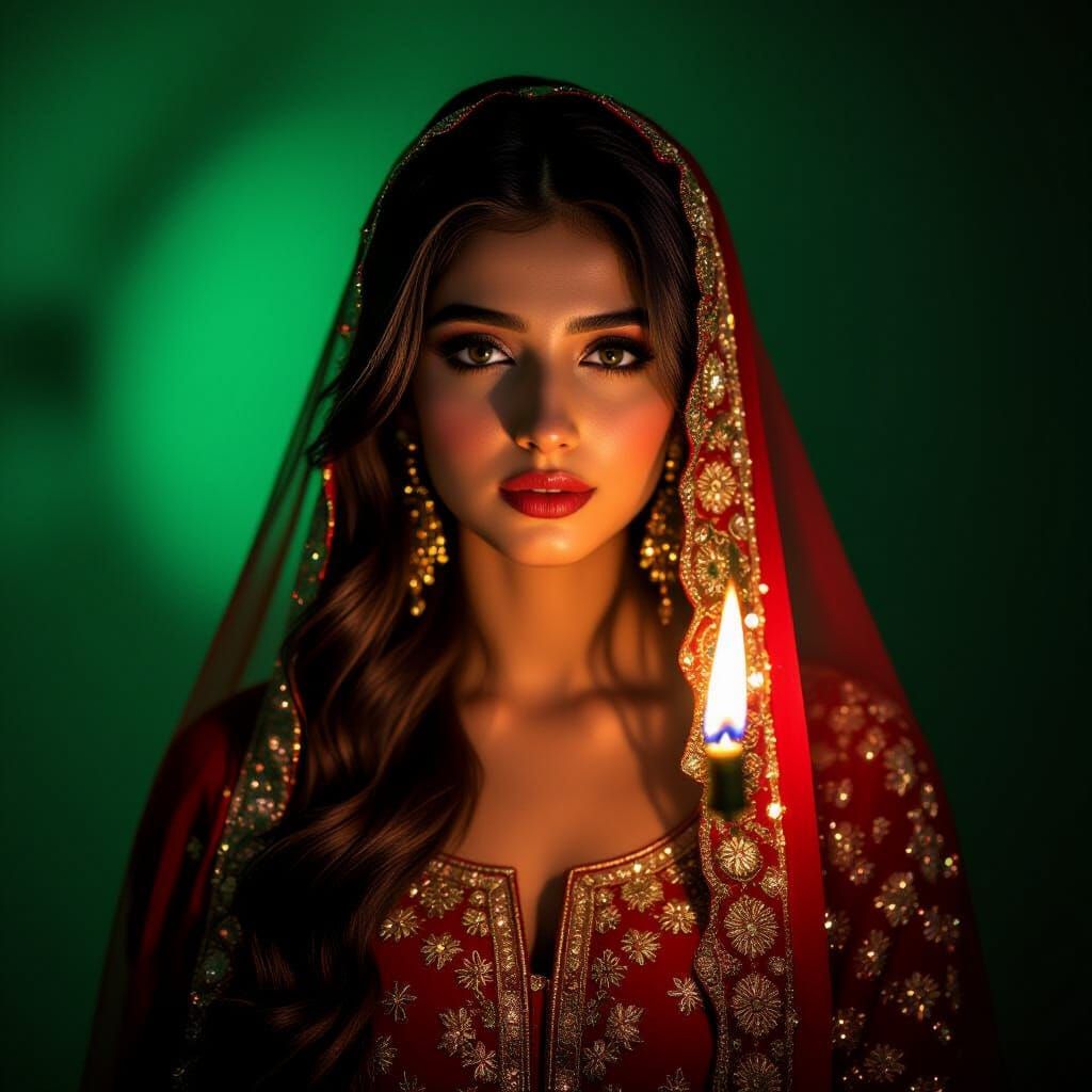 Pakistani Woman's Face Illuminated by Lighter Flame