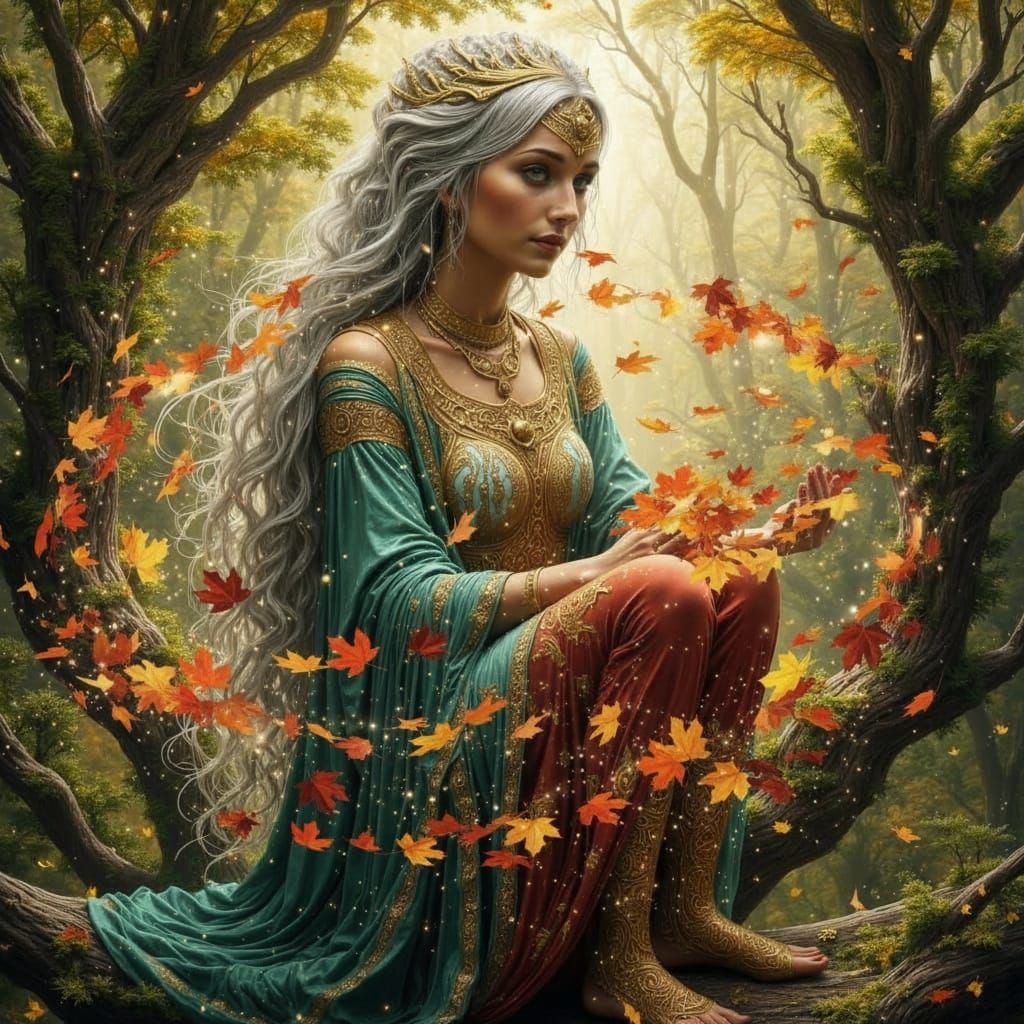 Earthy Goddess Catches Leaves in Golden Hour Forest