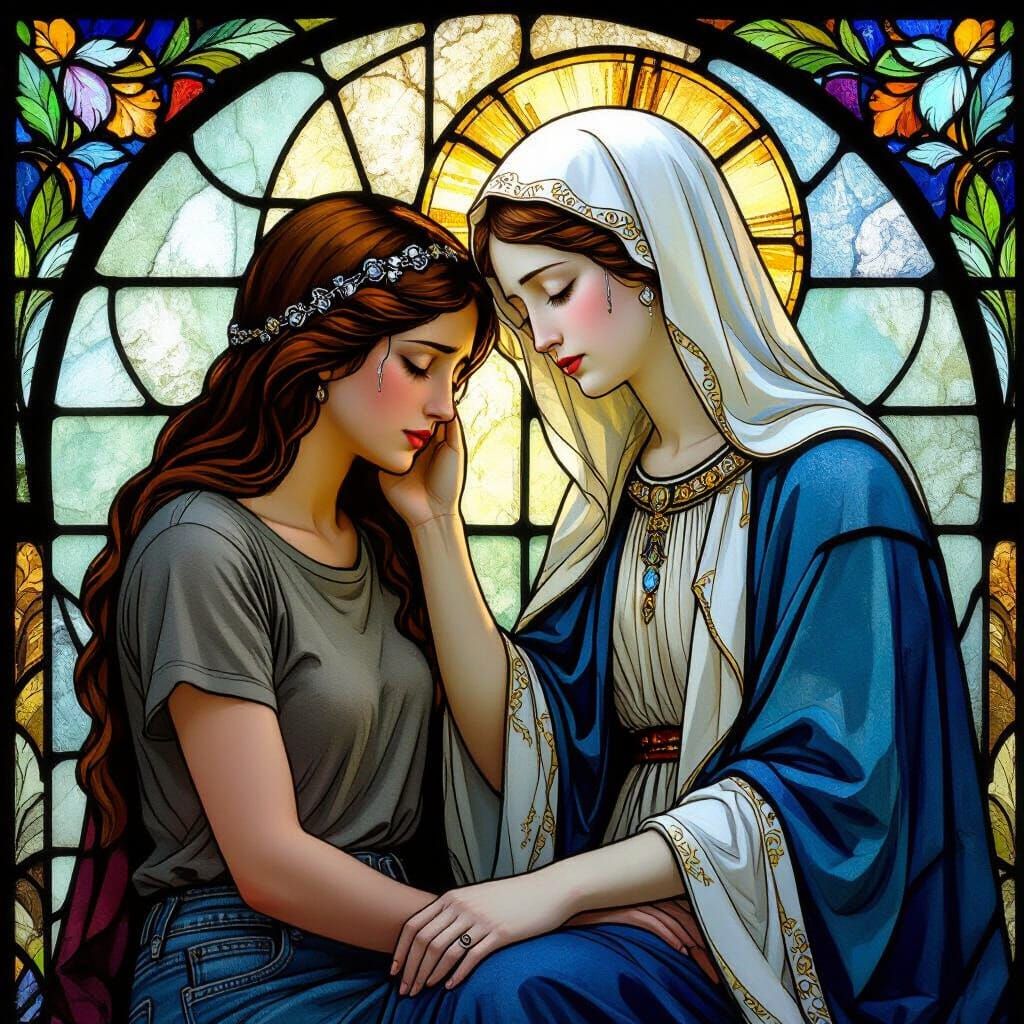 Stained Glass Virgin Mary Comforts Modern Woman in Distress