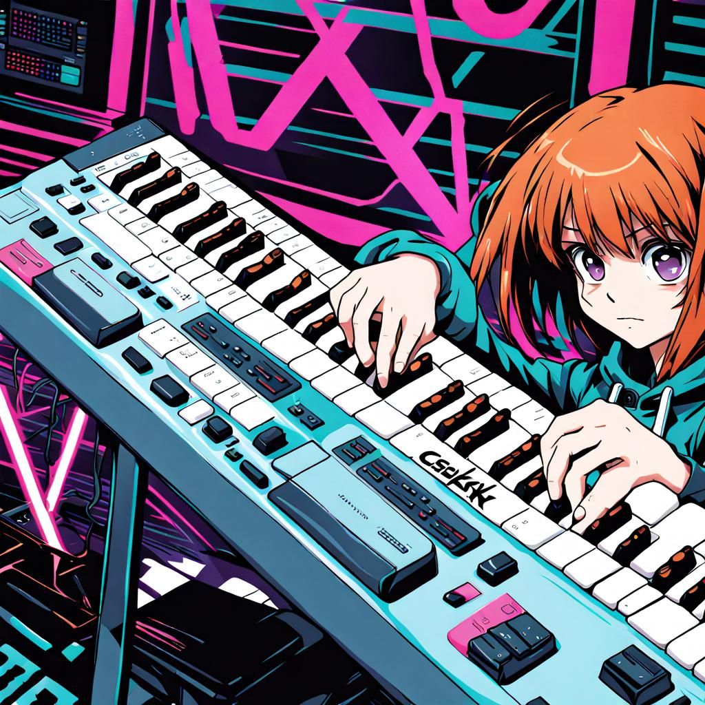 Circuit Bent Keyboard Cartoon at a Rave in Anime Style