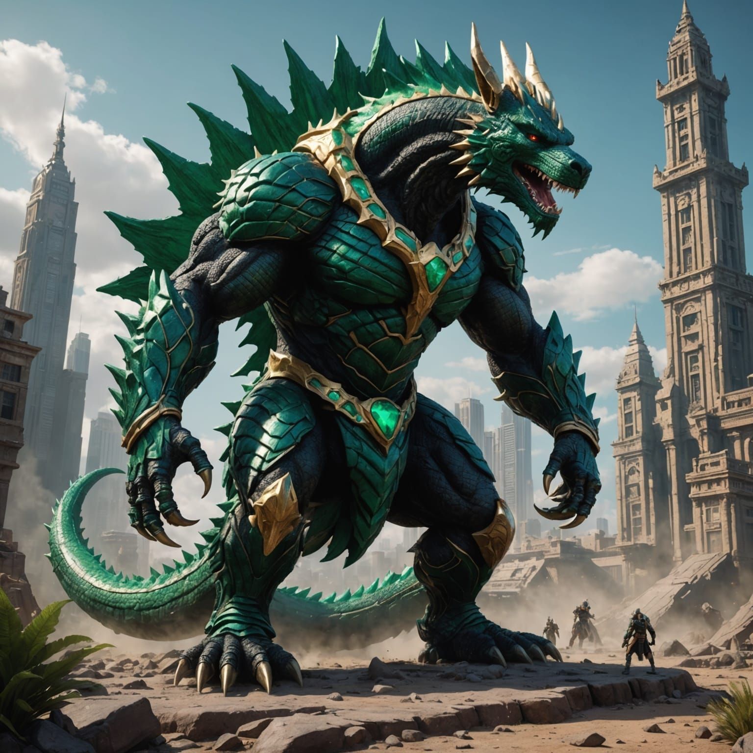 Emerald Anubis Godzilla Dragon: Detailed Fantasy Art