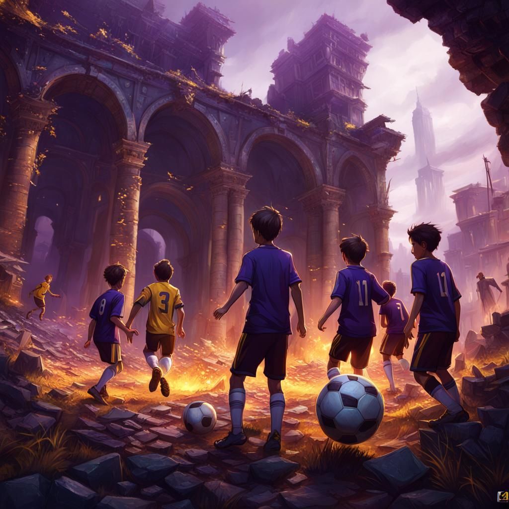 Boys Play Soccer in Ruined City, Dark Fantasy Art