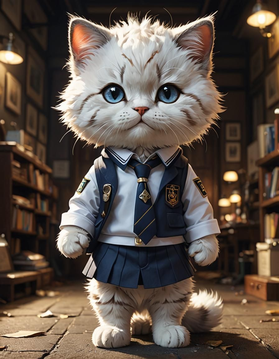 Chibi Cat in School Uniform: Adorable Anthropomorphic Feline...