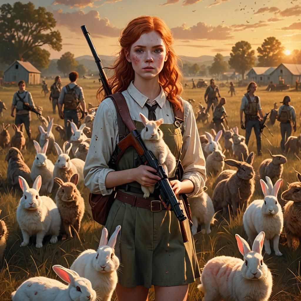 Redhead Country Girl with Bunny in Zombie Field