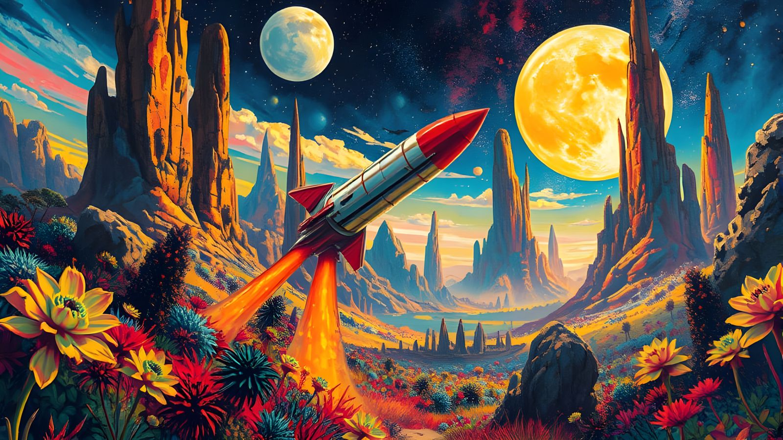 Retro Rocket on Alien Planet in Pulp Art Style