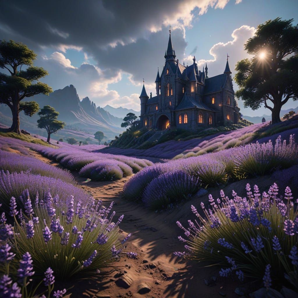 Majestic Lavender Fields in Gothic, Mystical Realm
