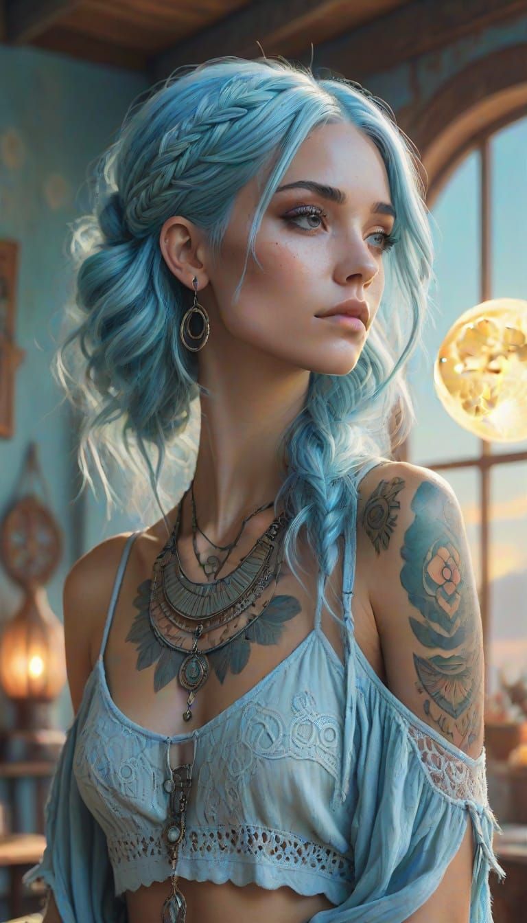 Boho-Urban Woman with Moon Tattoos in Digital Art