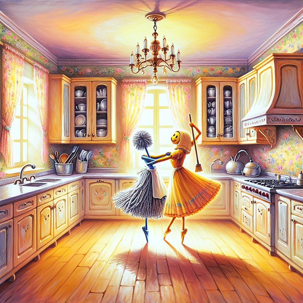 Mop and Broom's Tender Dance: An Impressionist Gouache
