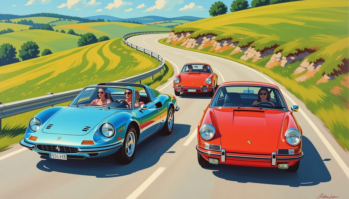 1970s Road Trip: Ferrari and Porsche in Acrylic Art