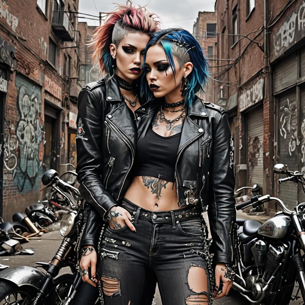 Biker Women Embrace: Surreal Biomechanical Art