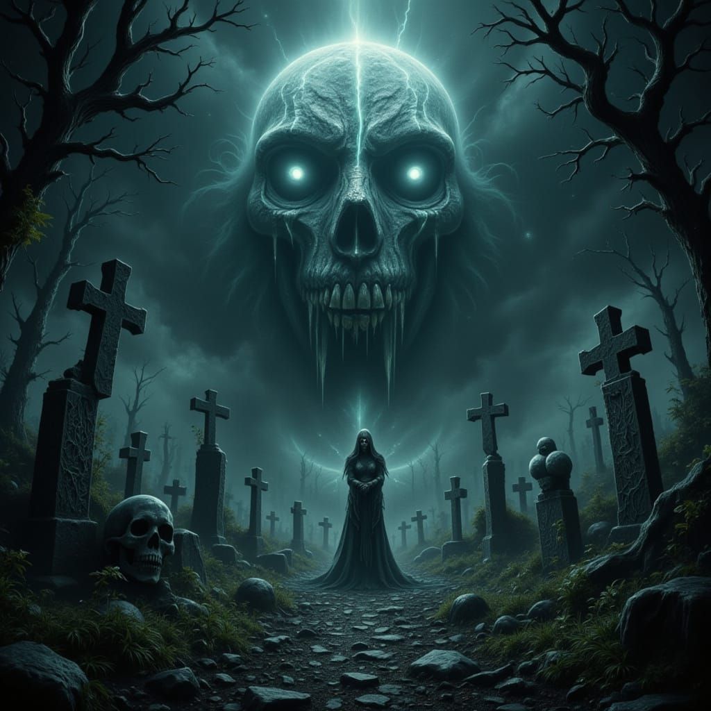 Gothic Cemetery with Evil Moon and Rising Skeletons