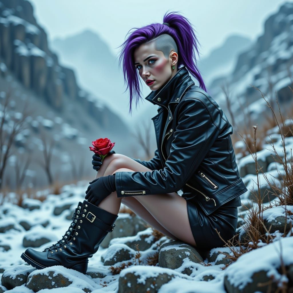 Punk Woman Frozen in Snowy Mountain Landscape