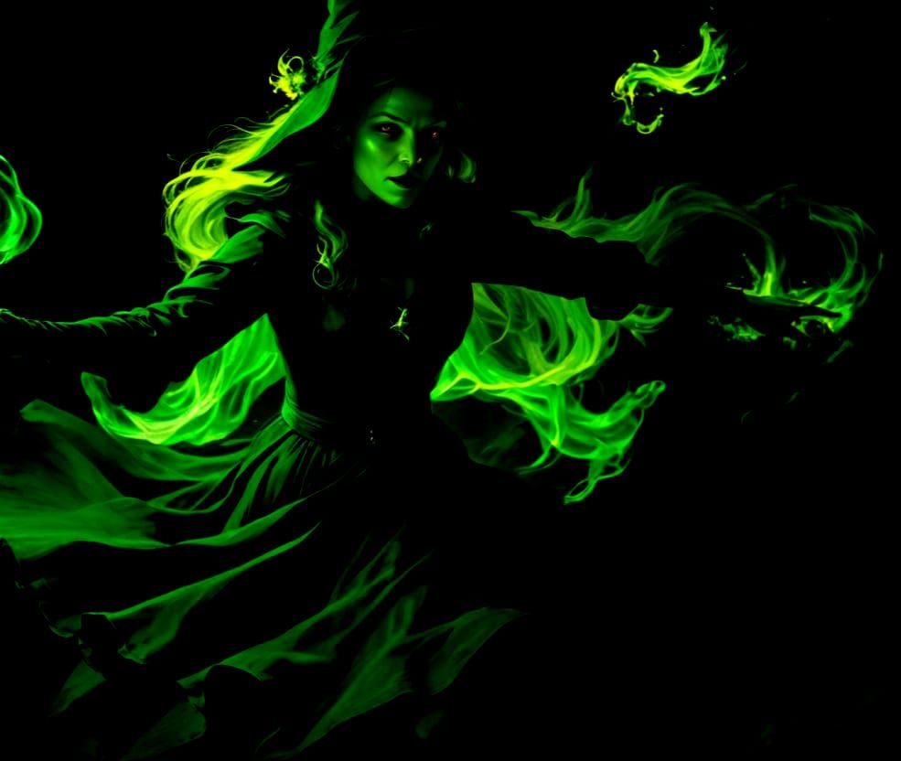 Furious Luminous Witch Emanating Greenish-Yellow Energy