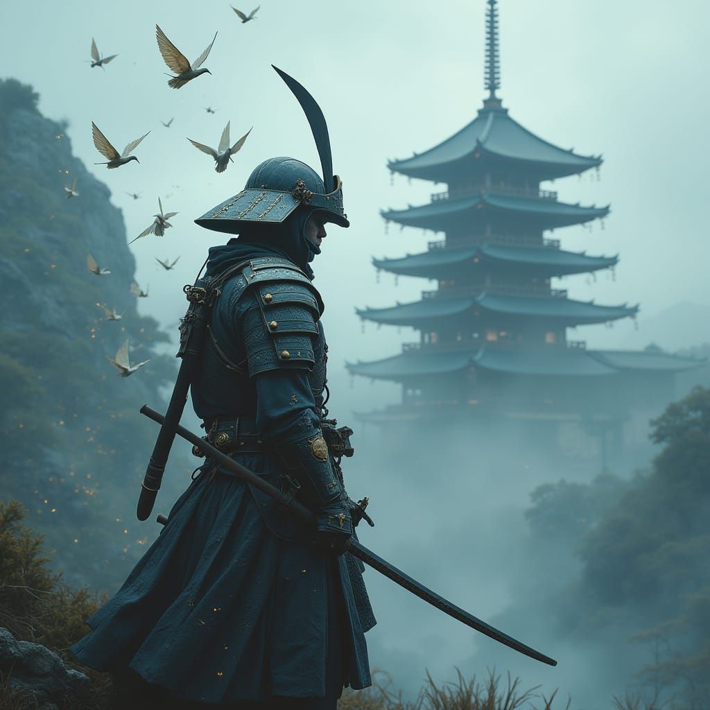 Steampunk Samurai Before Mist Temple with Glowing Cranes