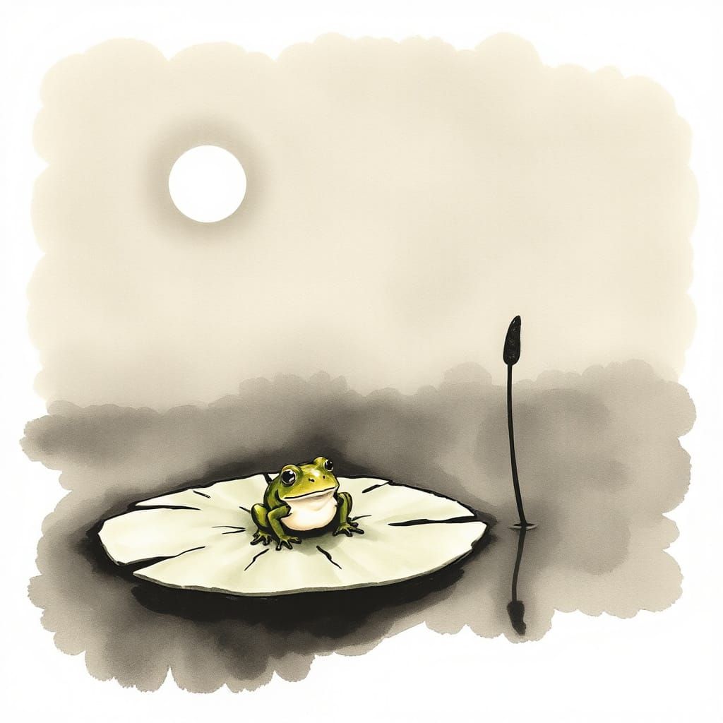 Moonlit Frog Contemplation in Sumi-e Style