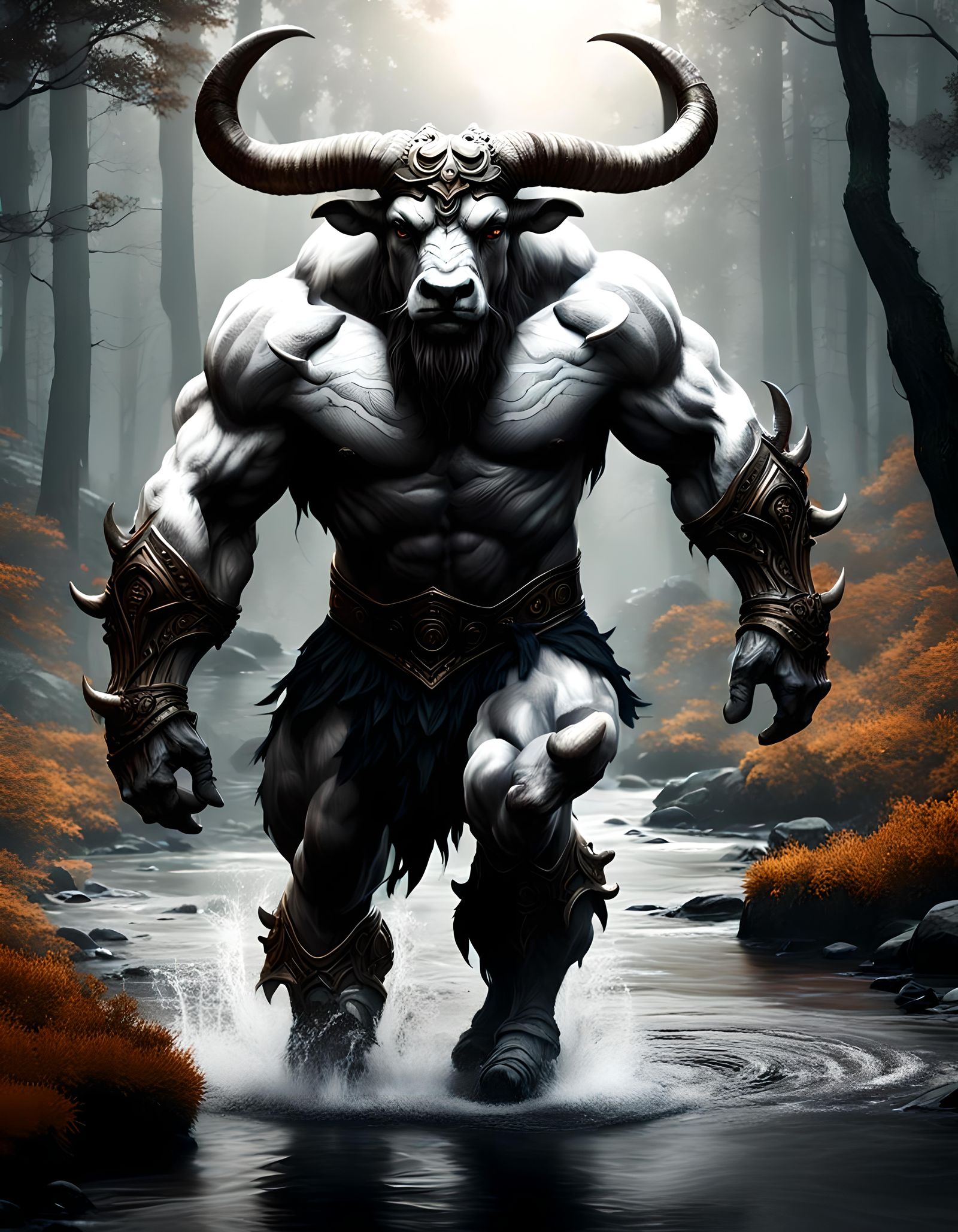 Muscular Minotaur Striding Across Stream in Matte Painting