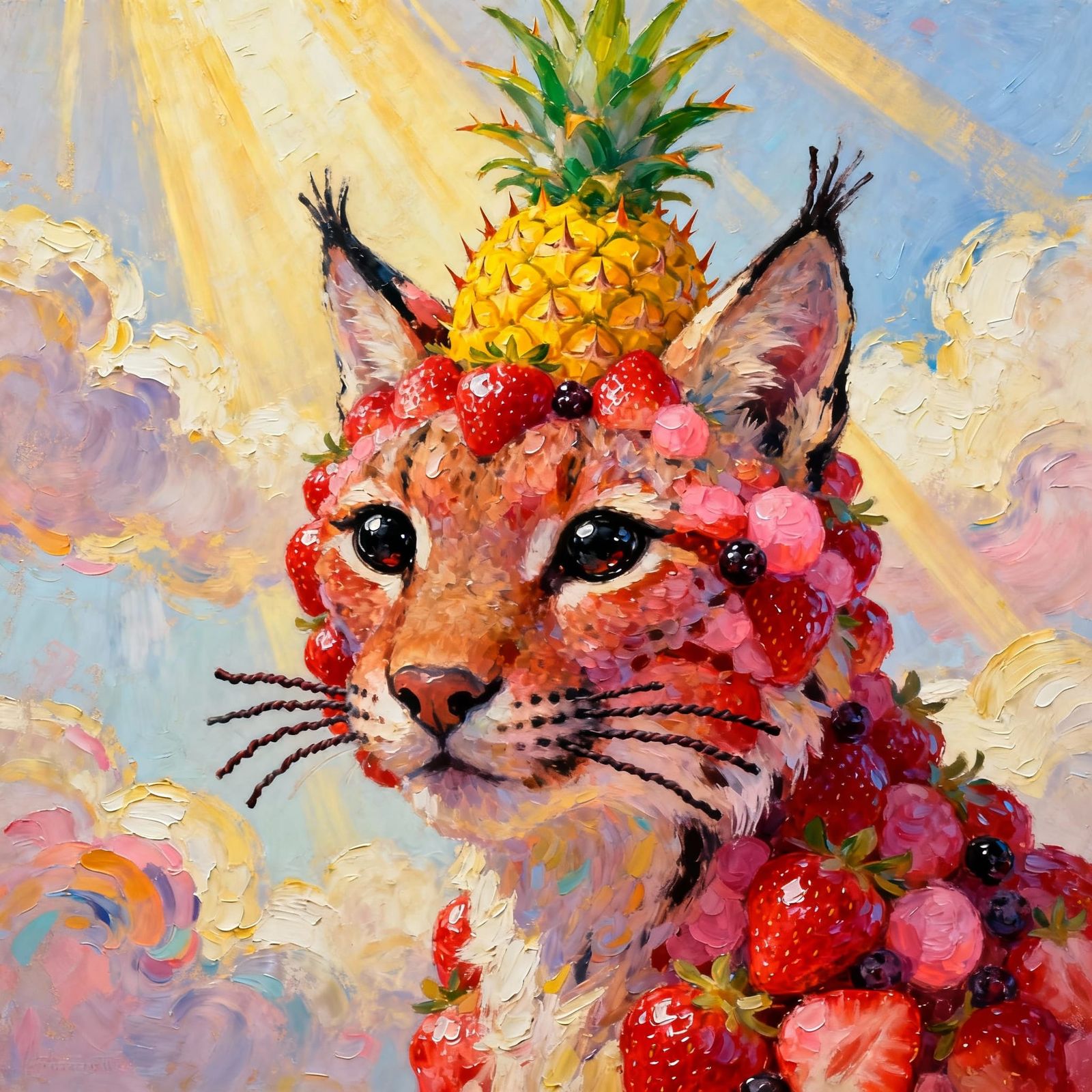 Strawberry Lynx With Pineapple Crown In Neo-Impressionist St...