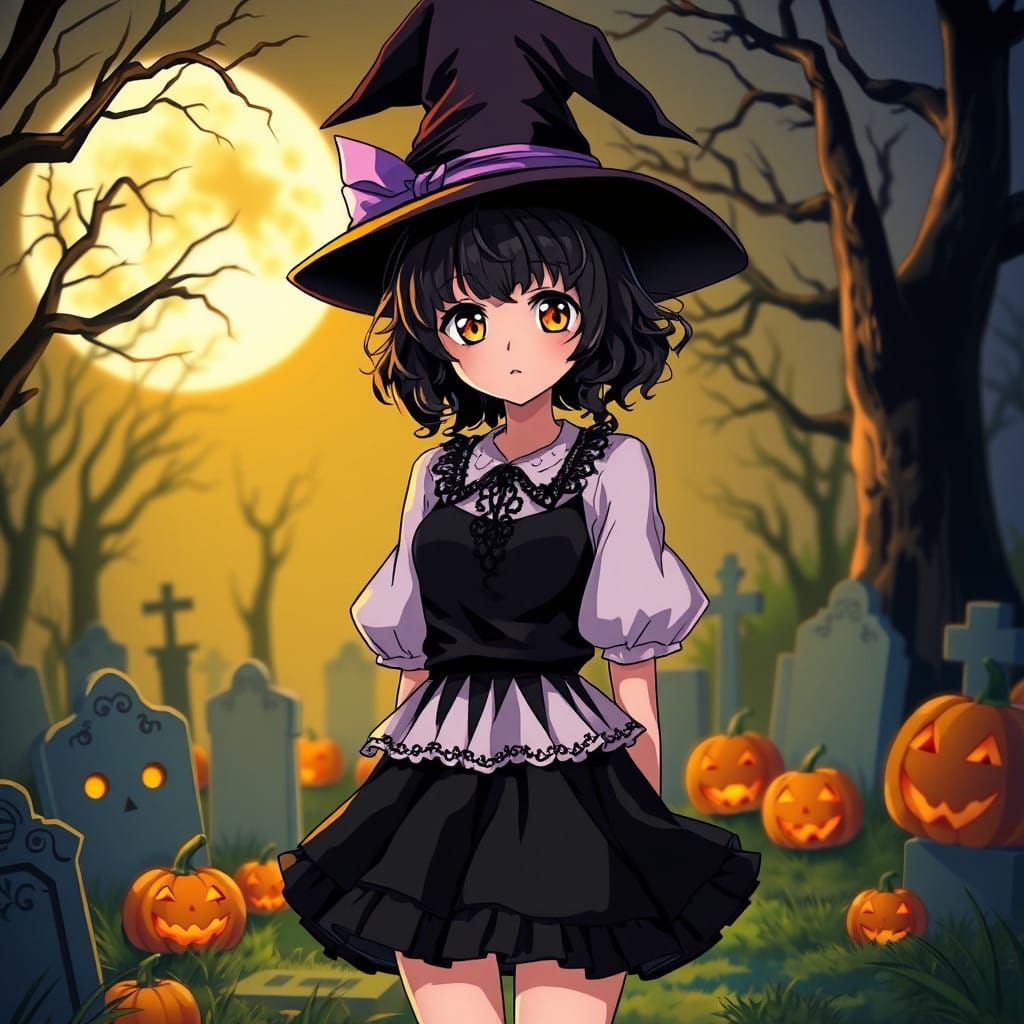 Anime Witch Girl in a Haunting Graveyard Scene