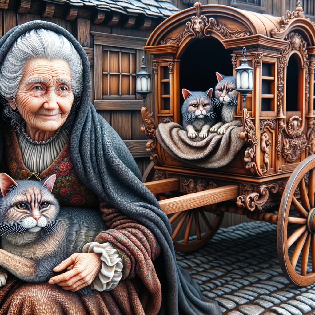 Italian Woman Roaming Village with Cats in Wagon