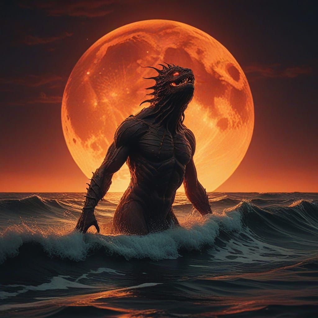 Majestic Sea Monster Rises Under Blood Moon