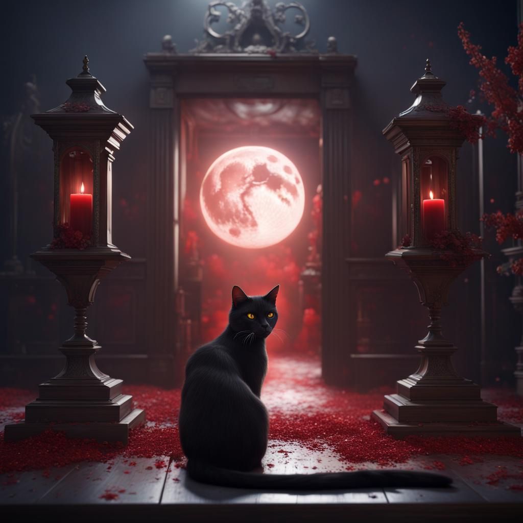 Sad Black Cat with Red Eyes in Funeral Home