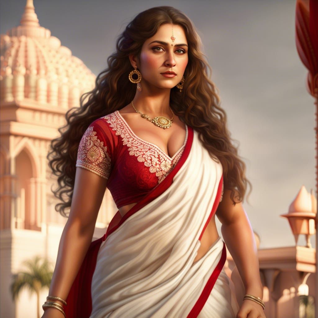 Hyperrealistic Portrait of Woman in Saree on Catwalk