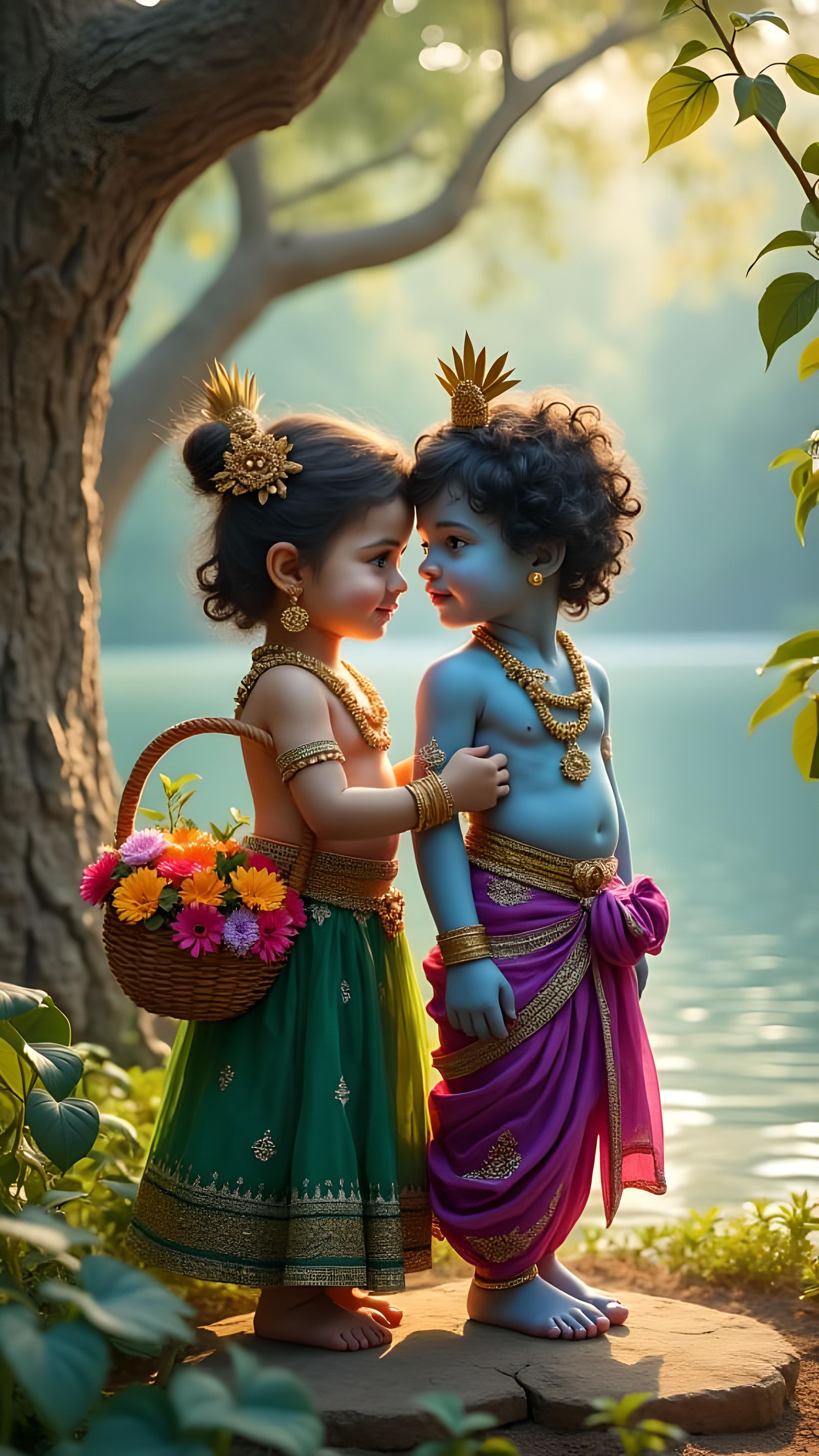 Hyperrealistic Toddler Radha and Krishna in Magical Setting
