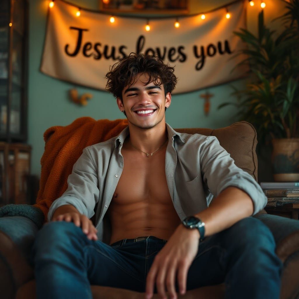 Stylized Portrait of a Gay Mexican Man in Cozy Room