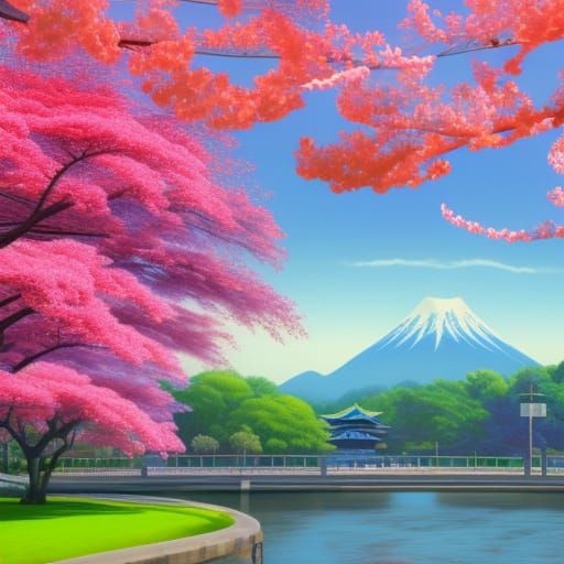 Vibrant Japanese Cherry Blossom Landscape in 3D
