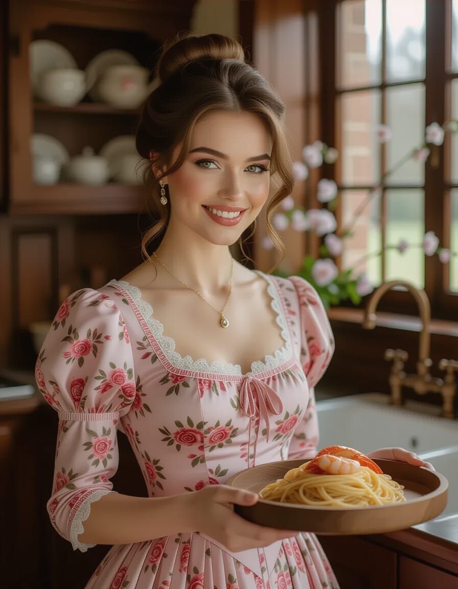 Victorian Woman Smiles in Luxurious Kitchen with Seafood Spa...