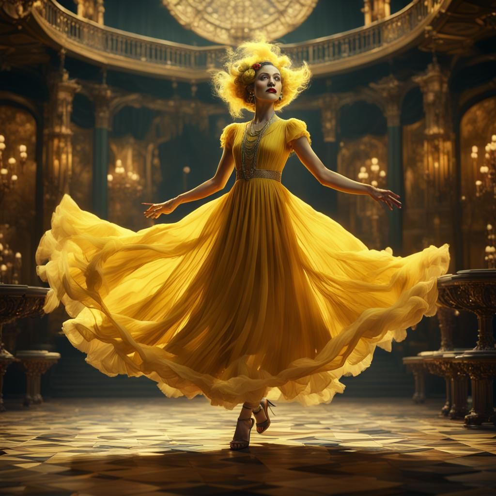 Woman Dancing in Yellow Dress, Detailed Matte Painting