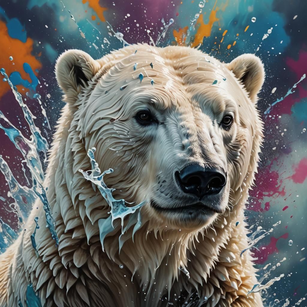 Dramatic Polar Bear Portrait in Splash Art Style