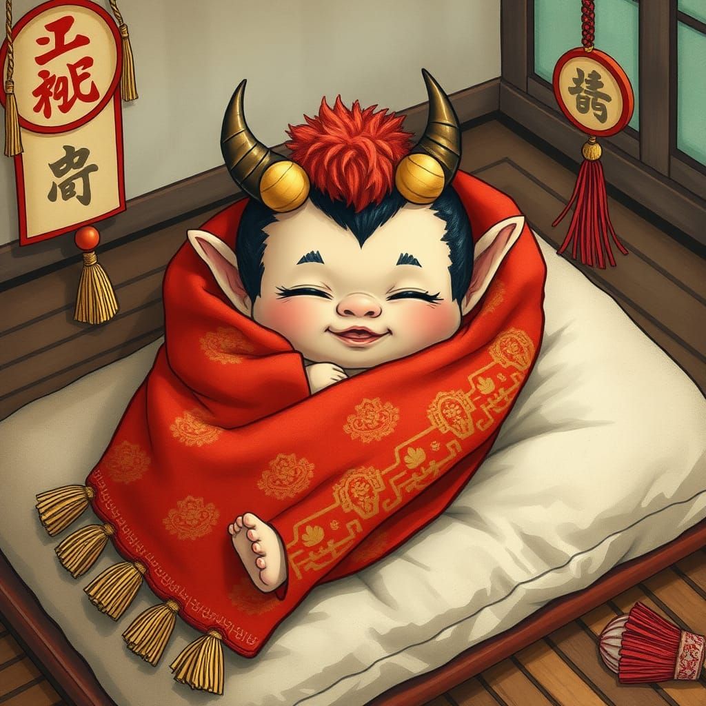 Cherubic Oni Infant in Dreamlike Ukiyo-e Style