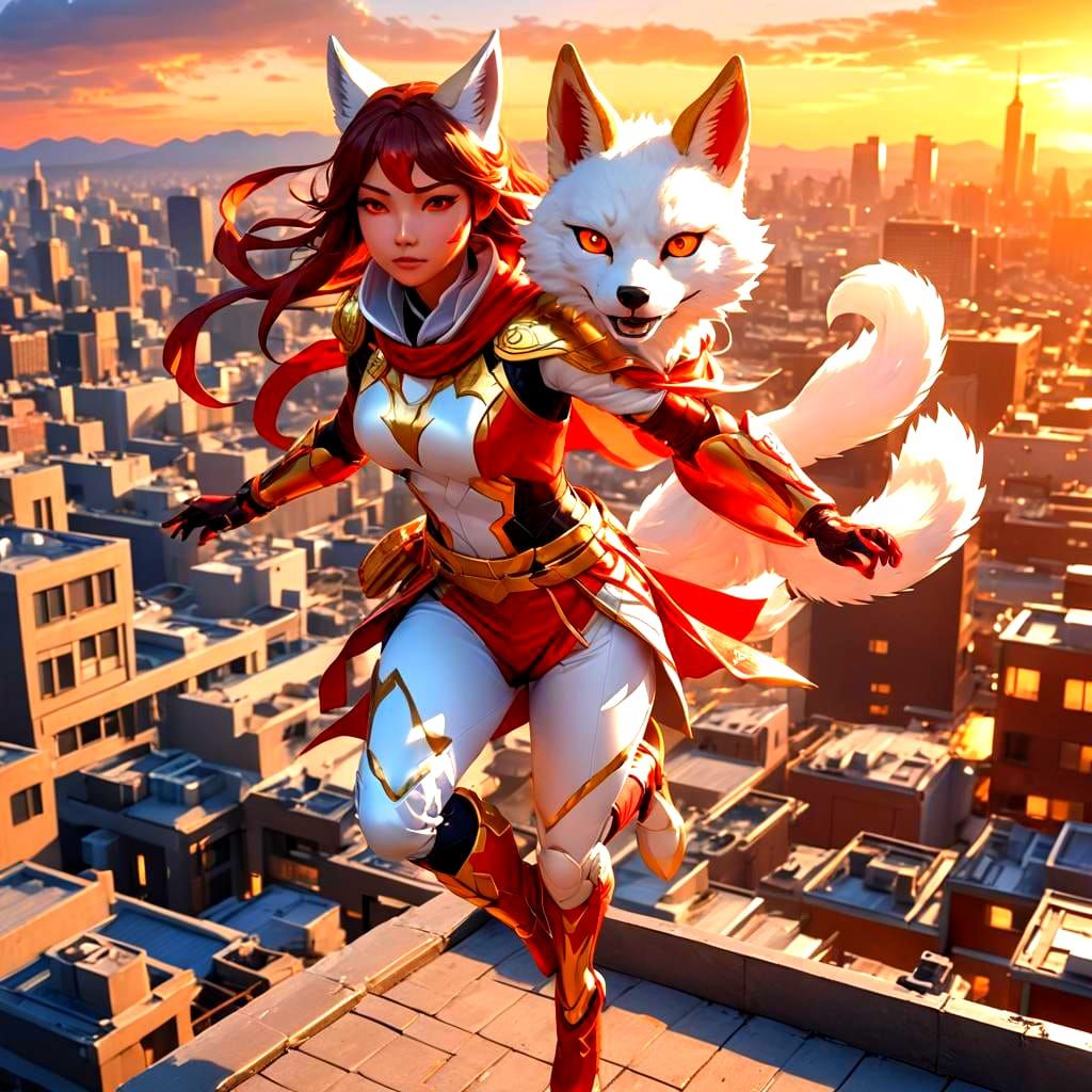 Kitsune Superheroine Fires Beam at Sunset