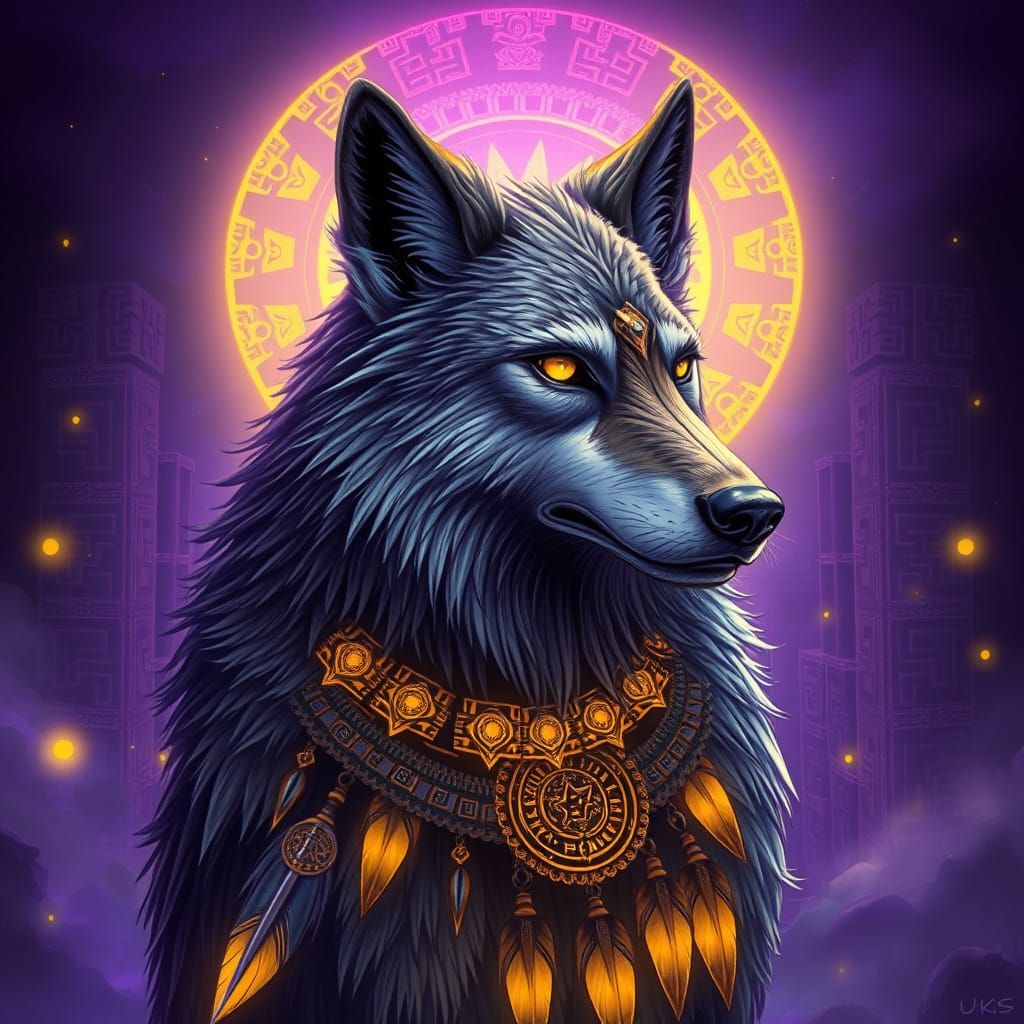 Ethereal Wolf in Ancient Mayan Realm with Vibrant Art Nouvea...