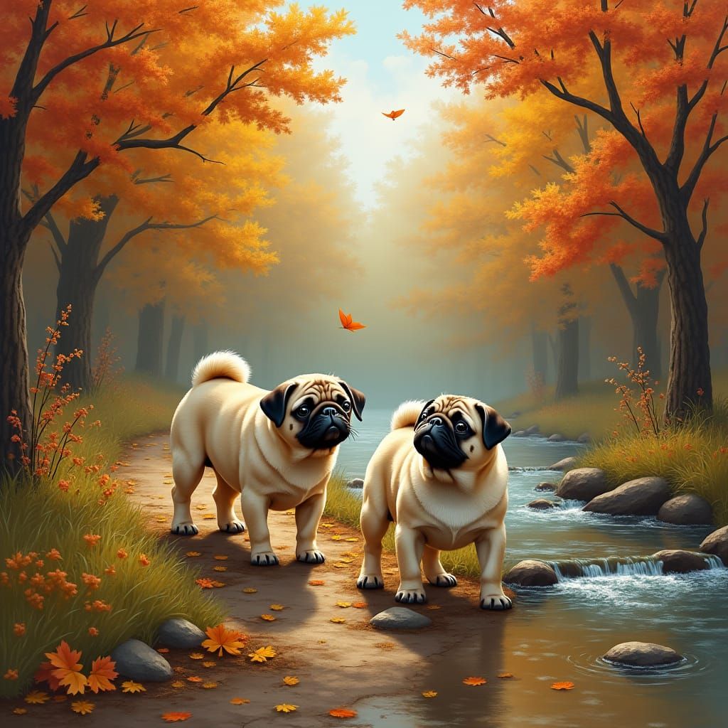 Pugs on Autumn Path in Realistic Style