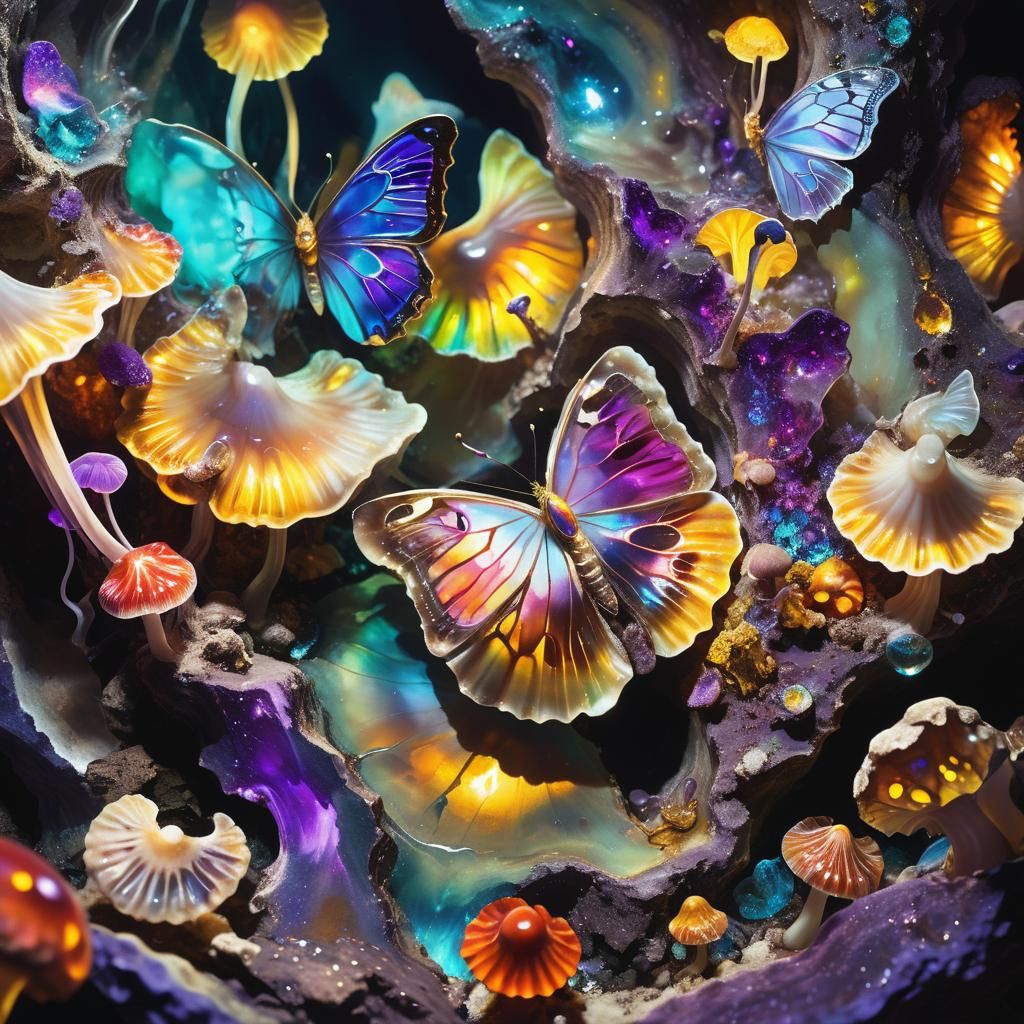 Bioluminescent Ammonite Butterflies in Gemstone Cavern