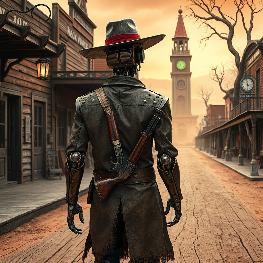 Weathered Robot Cowboy in Dusty Old West Town