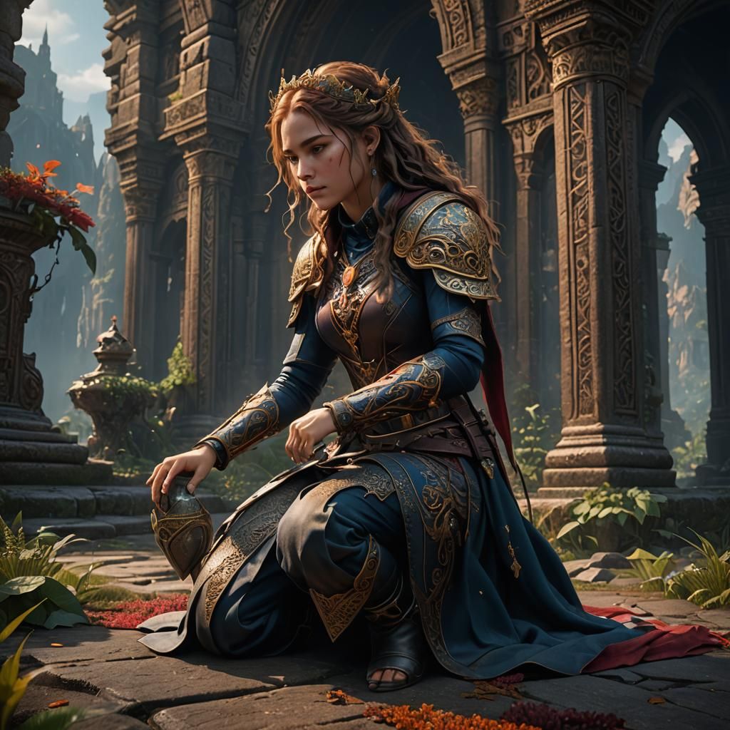 Kneeling Woman in Detailed Fantasy Art