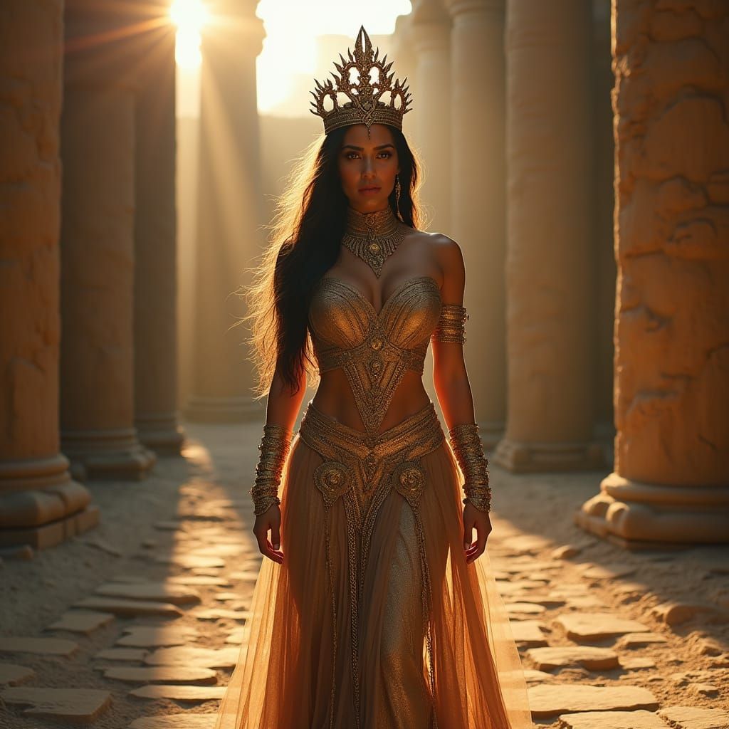 Golden Istarpriestess in Ancient Sumerian Temple Ruins