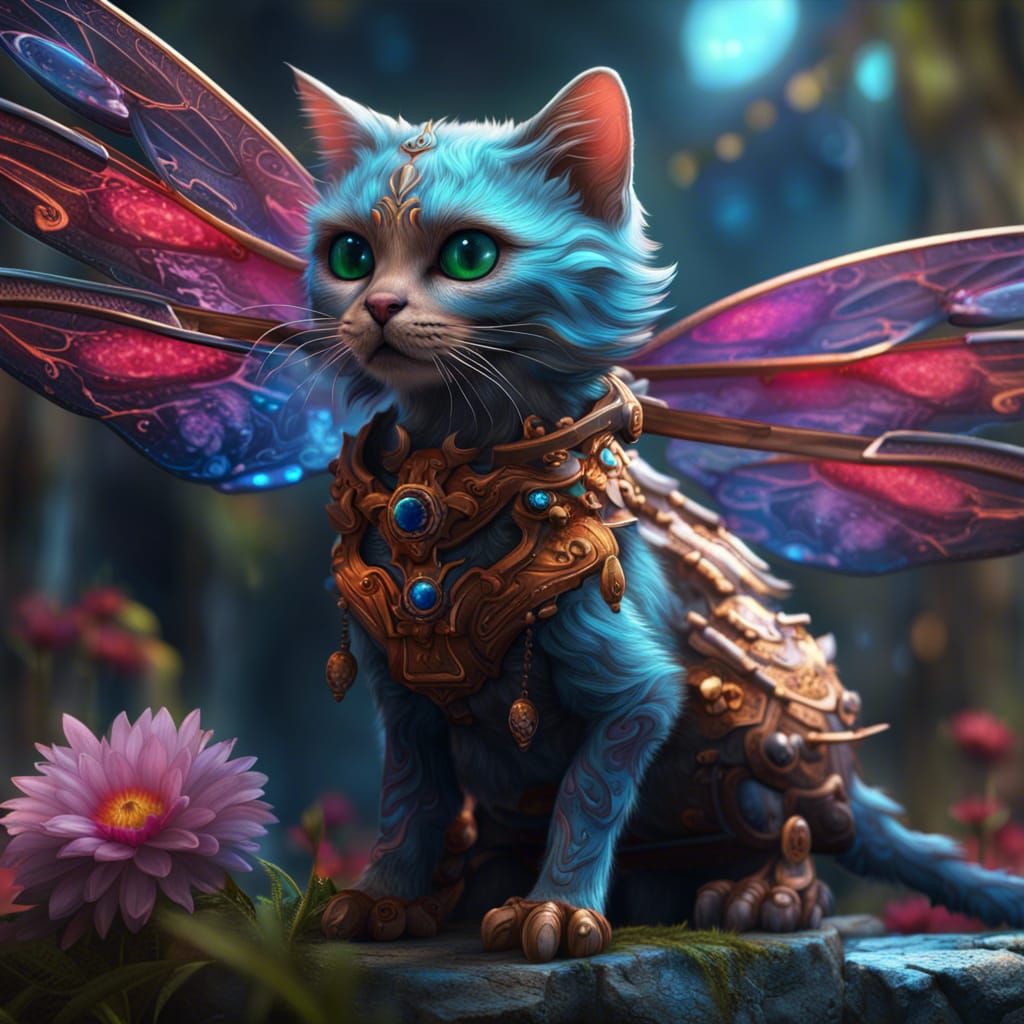Kitten Dragonfly Matte Painting in Vibrant Colors