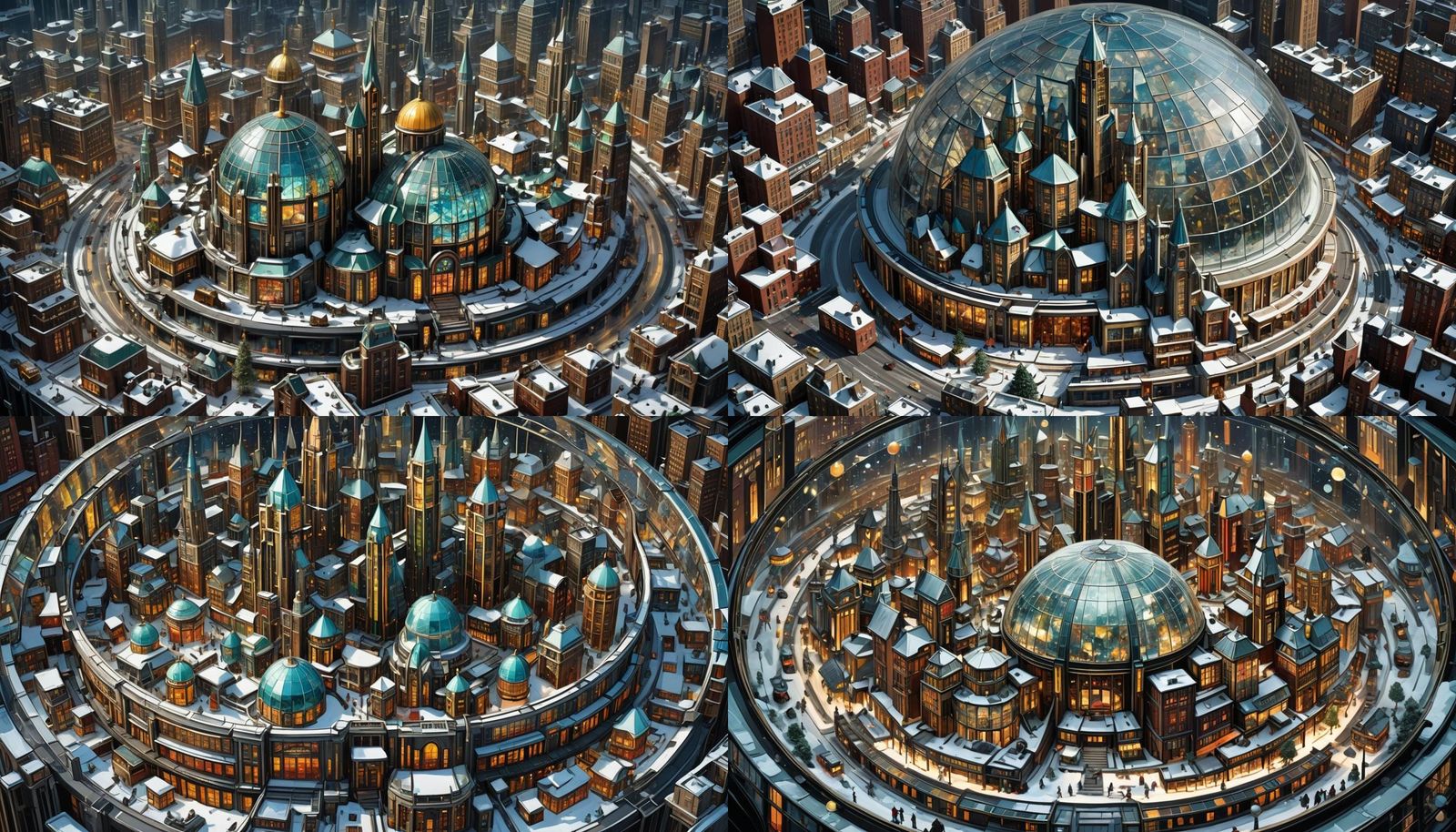 Art Deco Snow Globe City in Dieselpunk Style