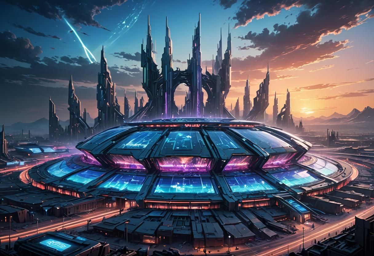 Futuristic Stadium in Dystopian Cityscape, Digital Art