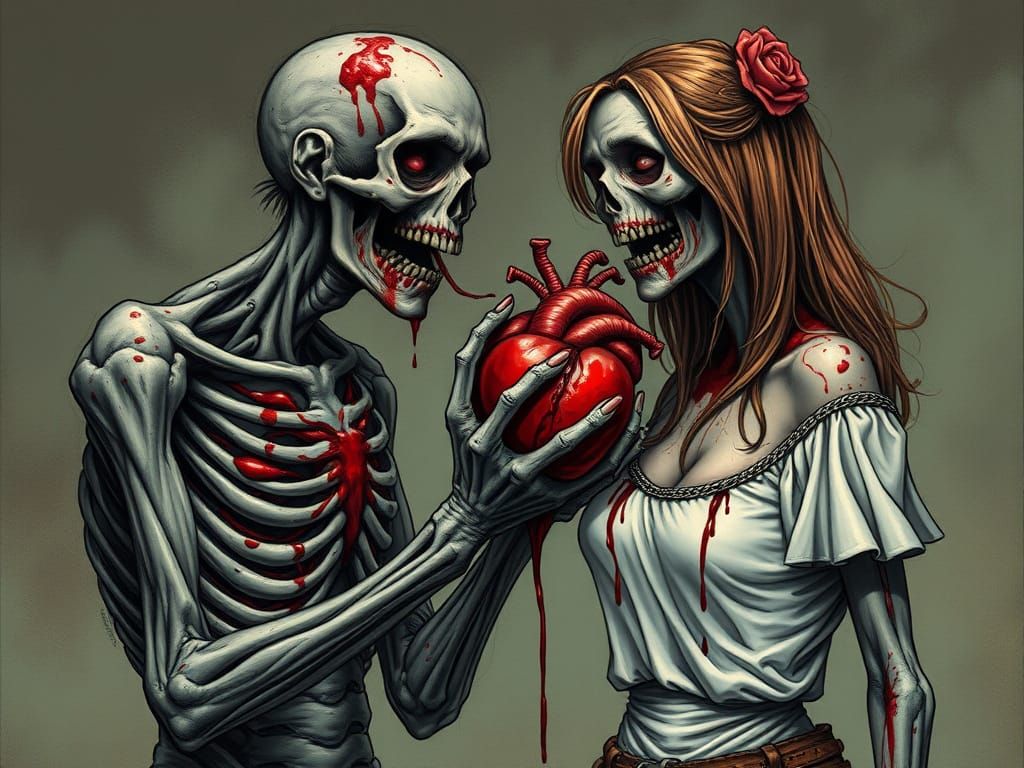 Zombie Couple's Bleeding Heart Exchange in Horror Art