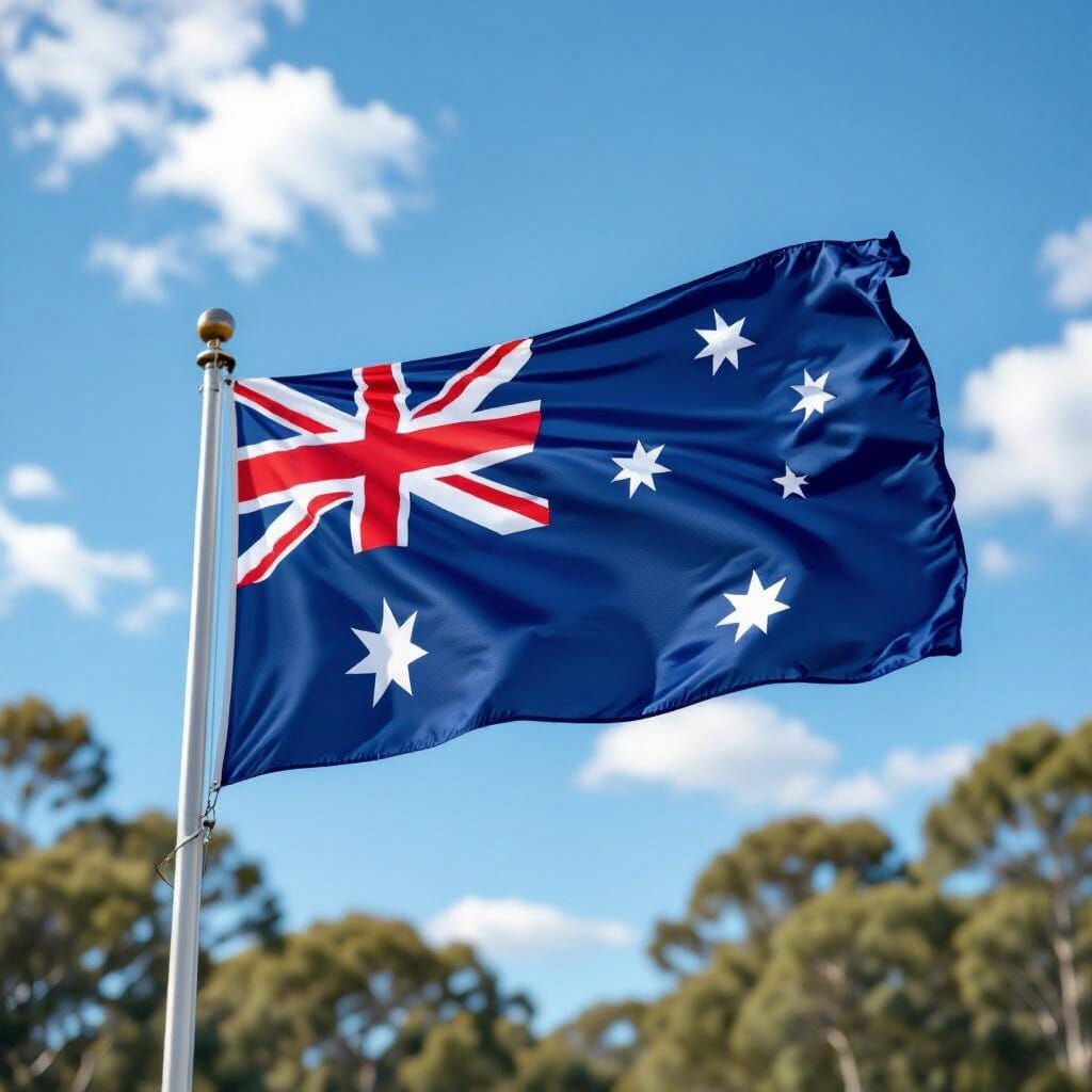 Photorealistic Australian Flag Waving in Blue Sky